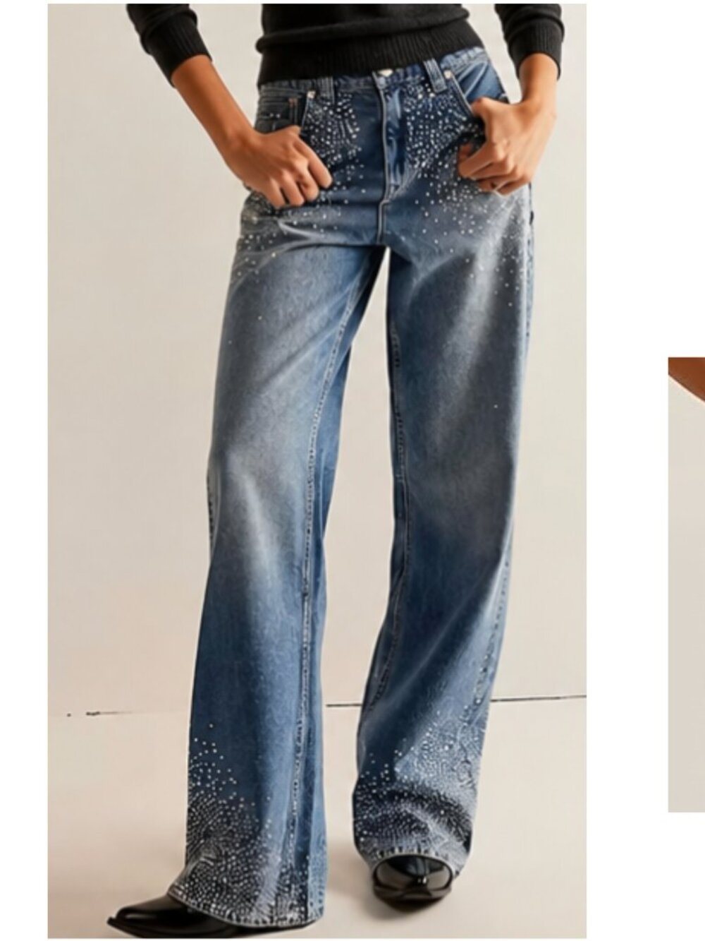 New NWOT Blue Medium Wash Rhinestones Wide Straight Leg Jeans Size XL-12